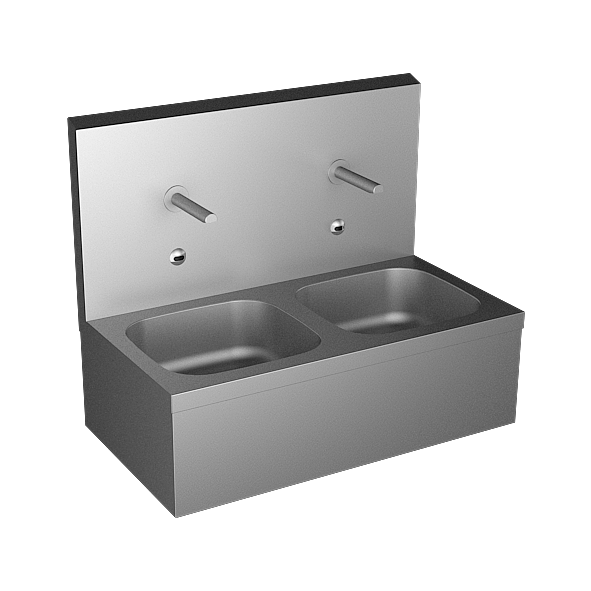 Sanela - SLUN 07E - Edelstahl – Doppel-Spülbecken wandmontiert, mit 2 integrierten Elektroniken und Wandausläufen, 24 V DC