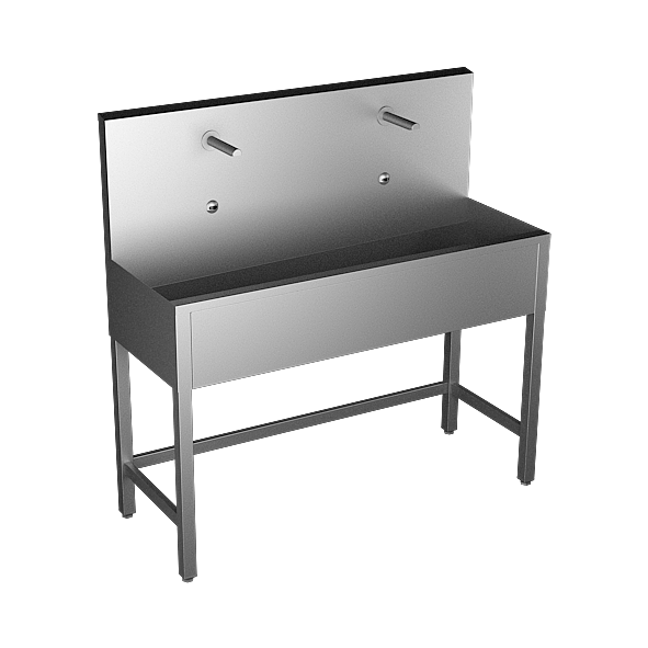 Sanela - SLUN 50ET - Edelstahl – Waschrinne, bodenstehend, mit 2 integrierten Elektroniksteuerungen / Handwaschplätzen, mit Thermostatventil, Länge 1250 mm, 24 V DC