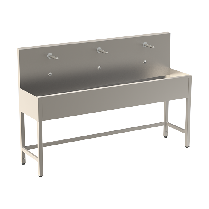 Sanela - SLUN 51ET - Edelstahl – Waschrinne, bodenstehend, mit 3 integrierten Elektroniksteuerungen / Handwaschplätzen, mit Thermostatventil, Länge 1900 mm, 24 V DC