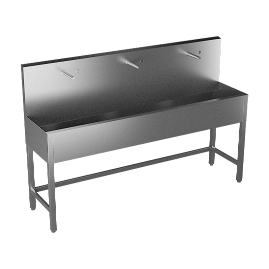 Sanela - SLUN 51PT - Edelstahl – Waschrinne, bodenstehend, mit 3 integrierten Piezo Handwaschplätzen, Länge 1900 mm, Thermoventil, 24 V DC