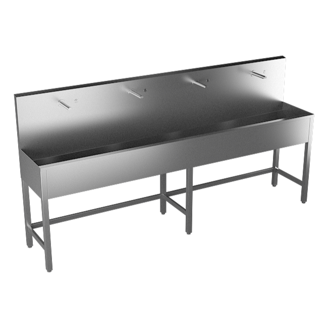 Sanela - SLUN 52P - Edelstahl – Waschrinne, bodenstehend, mit 4 integrierten Piezo Handwaschplätzen, Länge 2500 mm, 24 V DC