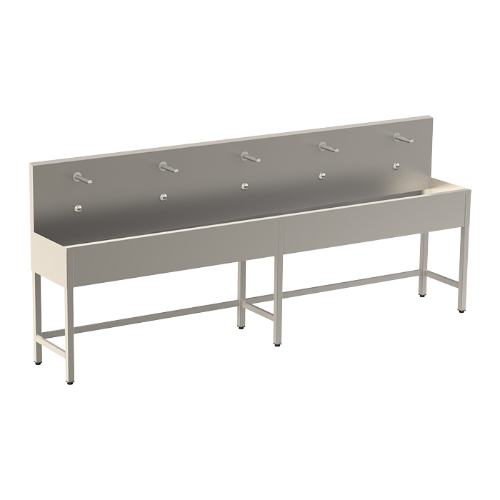 Sanela - SLUN 53ET - Edelstahl – Waschrinne, bodenstehend, mit 5 integrierten Elektroniksteuerungen / Handwaschplätzen, mit Thermostatventil, Länge 3000 mm, 24 V DC