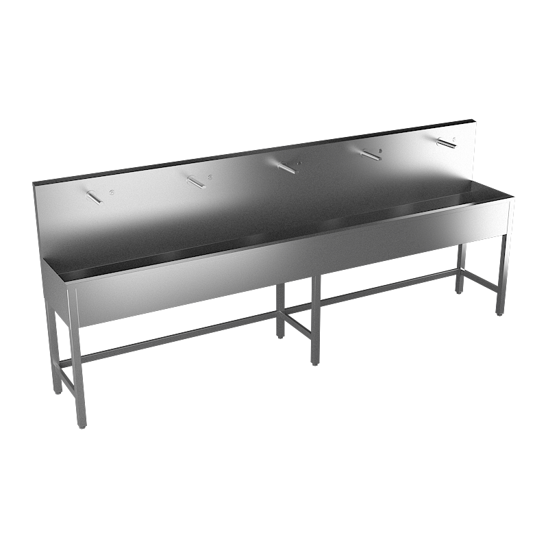 Sanela - SLUN 53P - Edelstahl – Waschrinne, bodenstehend, mit 5 integrierten Piezo Handwaschplätzen, Länge 3000 mm, 24 V DC