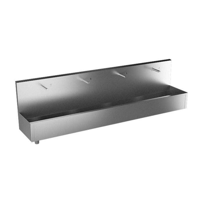 Sanela - SLUN 82PT - Edelstahl – Waschrinne, wandhängend, mit 4 integrierten Piezo Handwaschplätzen, Länge 2500 mm, Thermoventil 24 V DC
