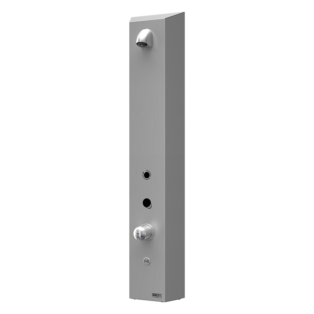Sanela - SLZA 32 - Edelstahl – Duschpaneel für Aufputzmontage, für RFID Jeton für kalt und warm Wasser, mit Mischer 24 V DC