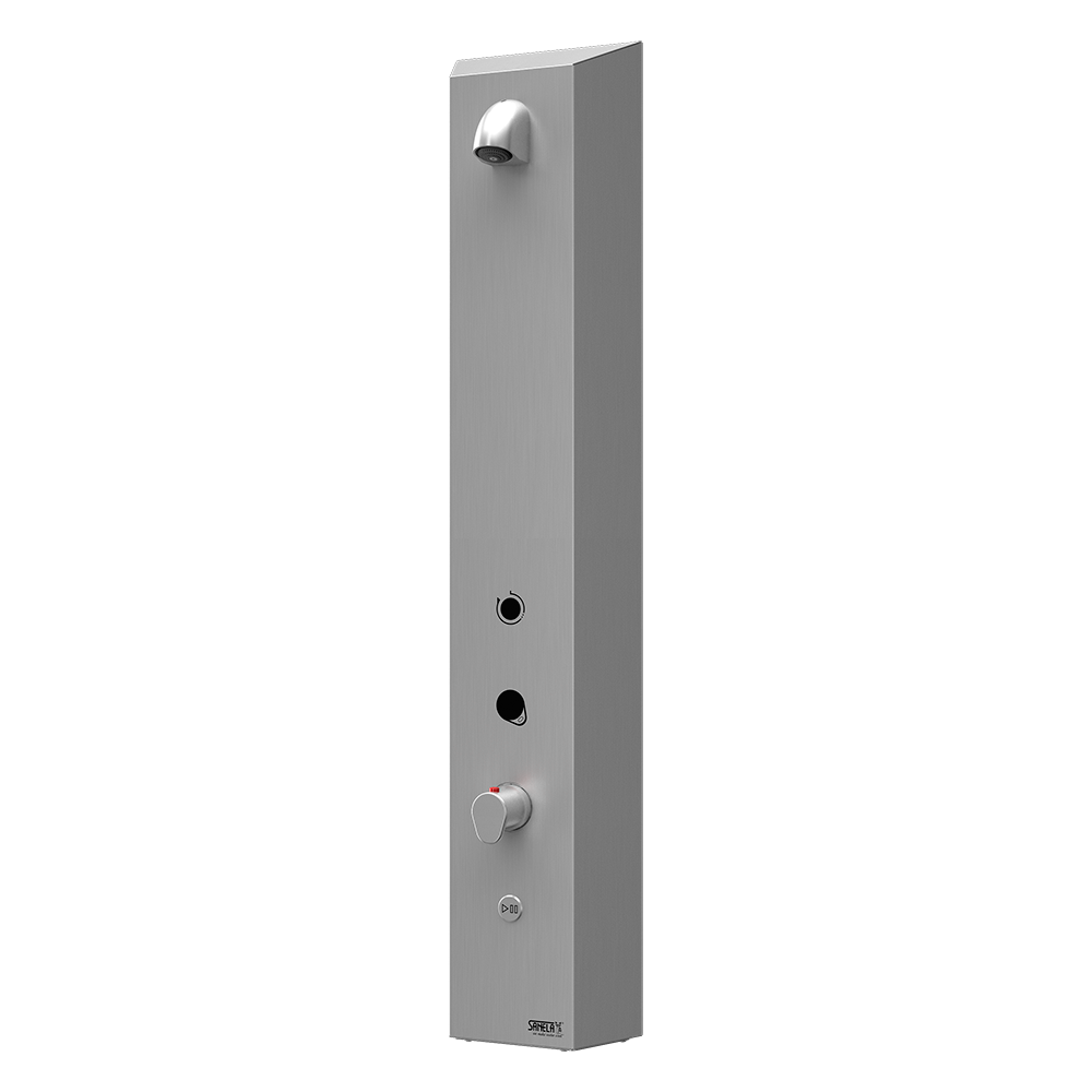 Sanela - SLZA 32T - Edelstahl – Duschpaneel für Aufputzmontage, für RFID Jeton für kalt und warm Wasser, mit Thermostatmischer 24 V DC