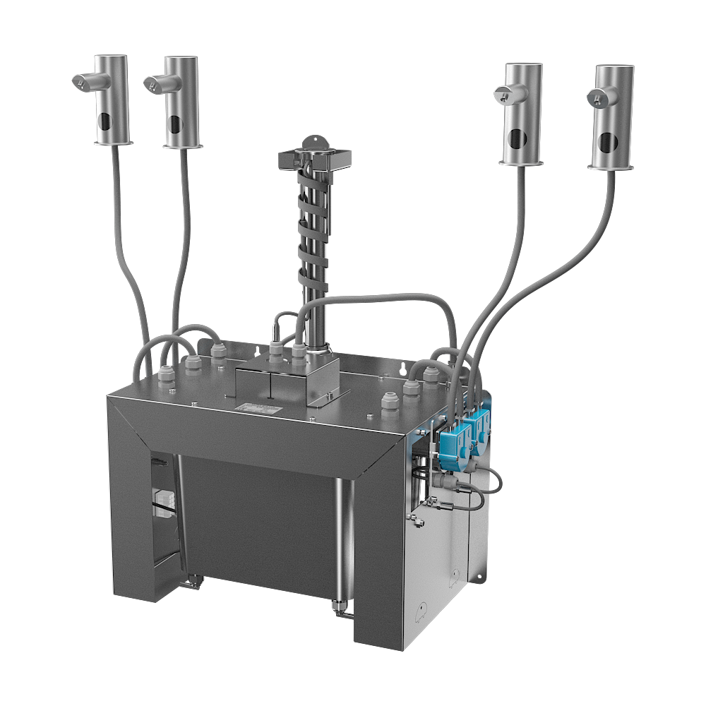Sanela - SLZN 91E4 - Set mit 4 Stück automatische Seifenspender aus Edelsltahl, 6 l Zentral Seifenbehälter, 230 V AC