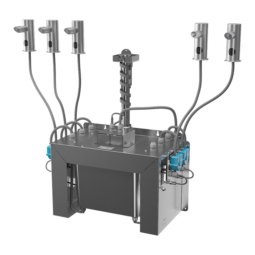 Sanela - SLZN 91E5 - Set mit 5 Stück automatische Seifenspender aus Edelsltahl, 6 l Zentral Seifenbehälter, 230 V AC