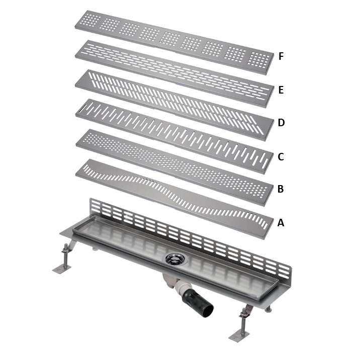 Sanela - SLKN 08D - Edelstahl Bodenablauf für Nassbereiche, Vorwandmontage, 1150 mm, Design D, poliert