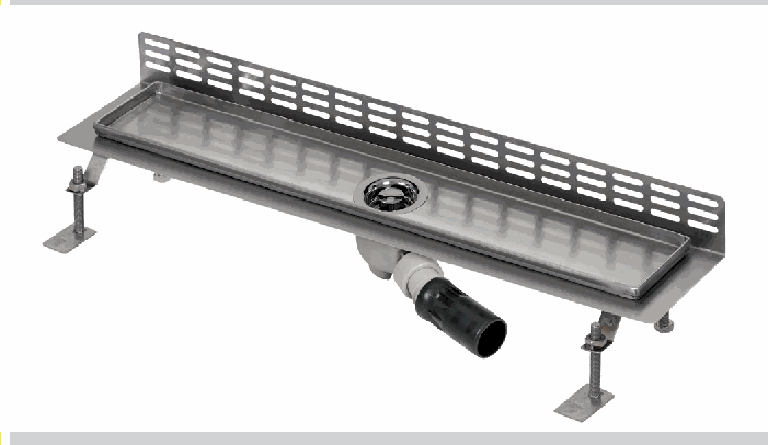 Sanela - SLKN 08D - Edelstahl Bodenablauf für Nassbereiche, Vorwandmontage, 1150 mm, Design D, poliert