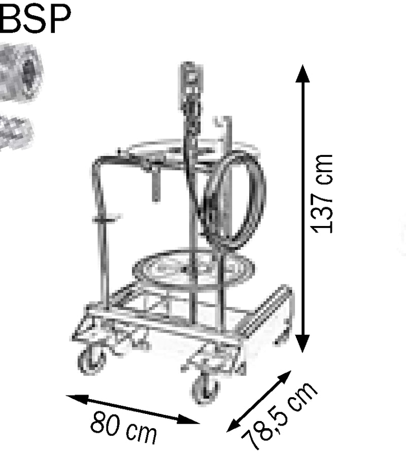 Bemaßte Zeichnung: Lubritek Fett-Umfüllset für Fässer 18–30 kg – mit Fassdeckel Ø 320 mm / Trolley mit 2 pneumatic wheels – Fässer 180–220 kg
