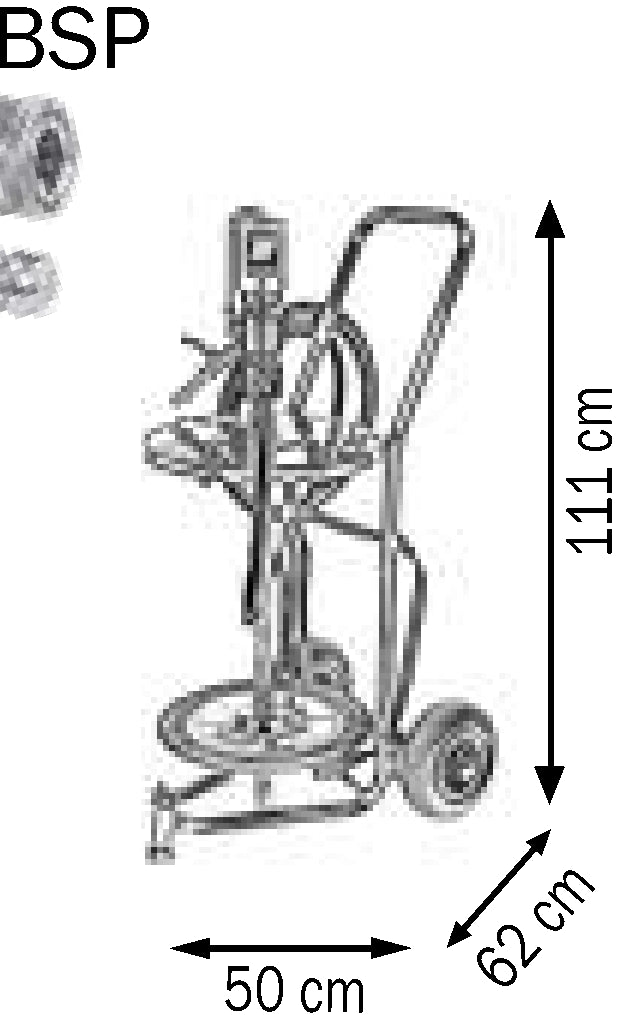 Bemaßte Zeichnung: Lubritek Fett-Umfüllset für Fässer 18–30 kg – mit Fassdeckel Ø 320 mm / Trolley mit 2 pneumatic wheels – Fässer 50–60 kg