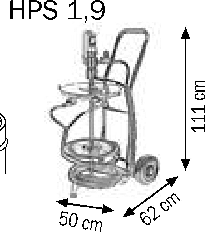 Bemaßte Zeichnung: Lubritek Fettsprüh-Set für Fässer 18–30 kg – mit Fassdeckel Ø 320 mm / Trolley mit 2 pneumatic wheels – Fässer 50–60 kg