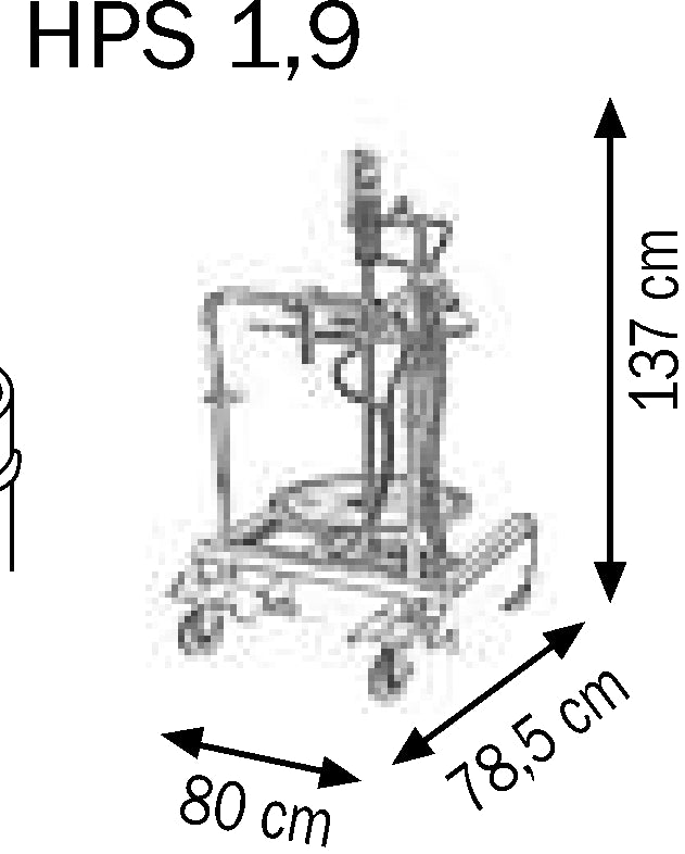 Bemaßte Zeichnung: Lubritek Fettsprüh-Set für Fässer 18–30 kg – mit Fassdeckel Ø 320 mm / Trolley mit 2 pneumatic wheels – Fässer 180–220 kg
