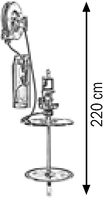 Bemaßte Zeichnung: Lubritek Wandmontage-Industriepumpen-Fettset für Fässer 180–220 kg – mit Schlauchaufroller 15,0 m