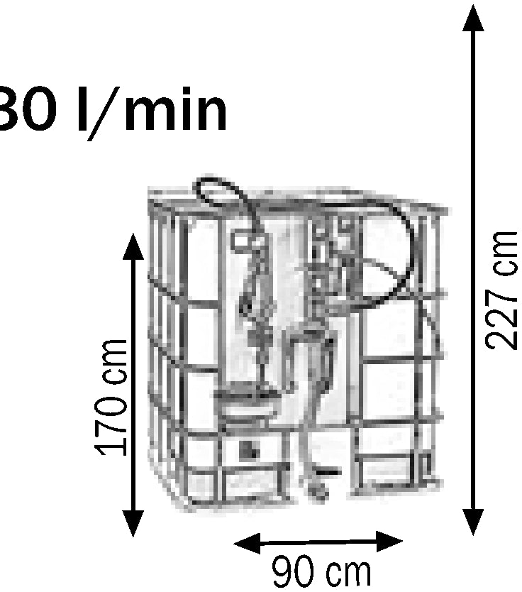 Bemaßte Zeichnung: Lubritek Ölset für IBC-Tanks 1000 l mit frontseitiger Pumpe und Schlauchaufroller