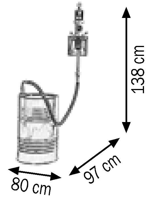 Bemaßte Zeichnung: Lubritek Industriepumpen-Ölset R=8:1 für Fässer 180–220 l mit Hochleistungs-Messpistole