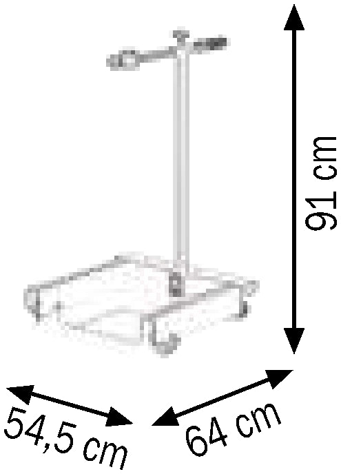 Bemaßte Zeichnung: Lubritek Fahrwagen für Fettgebinde 16–220 kg – 50–60 kg, 4 Räder
