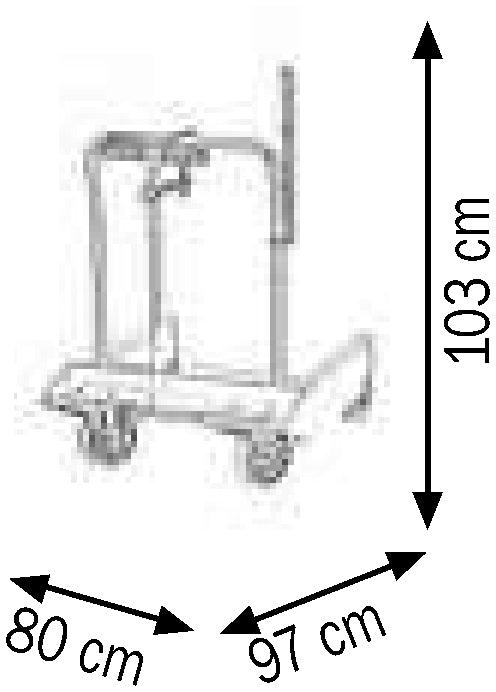 Bemaßte Zeichnung: Lubritek Fahrwagen für Fettgebinde 16–220 kg – 180–220 kg, 4 Räder, verstärkt