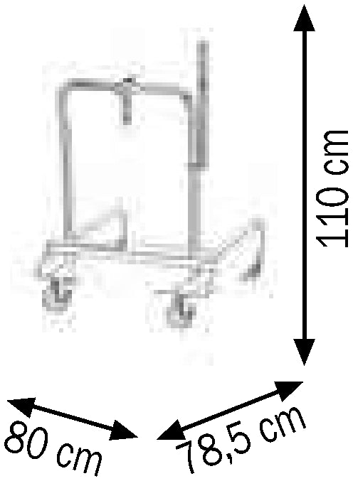Bemaßte Zeichnung: Lubritek Fahrwagen für Fettgebinde 16–220 kg – 180–220 kg, 4 Räder
